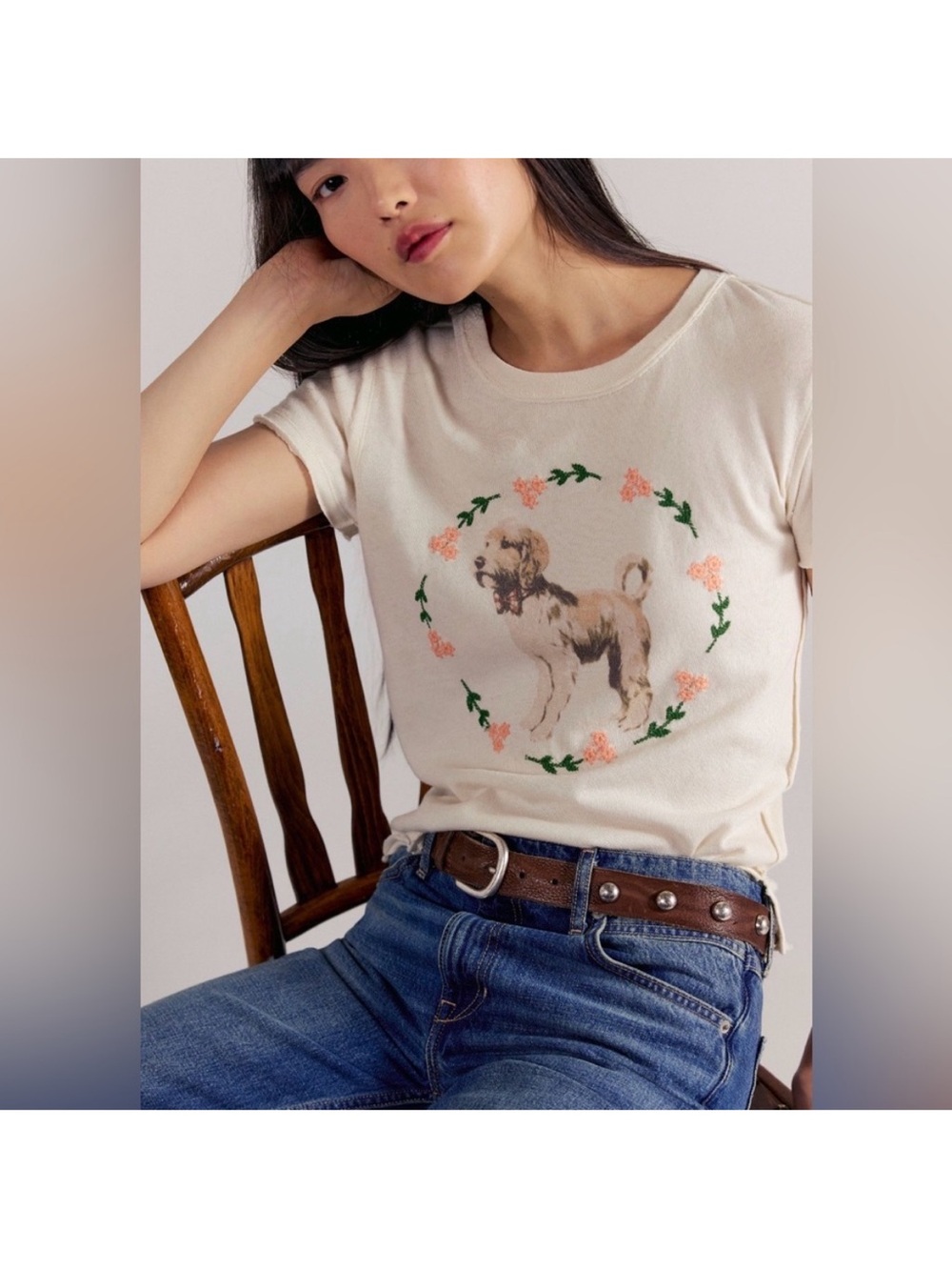 We The Free Cream Tee with Pink Floral Dog Graphic